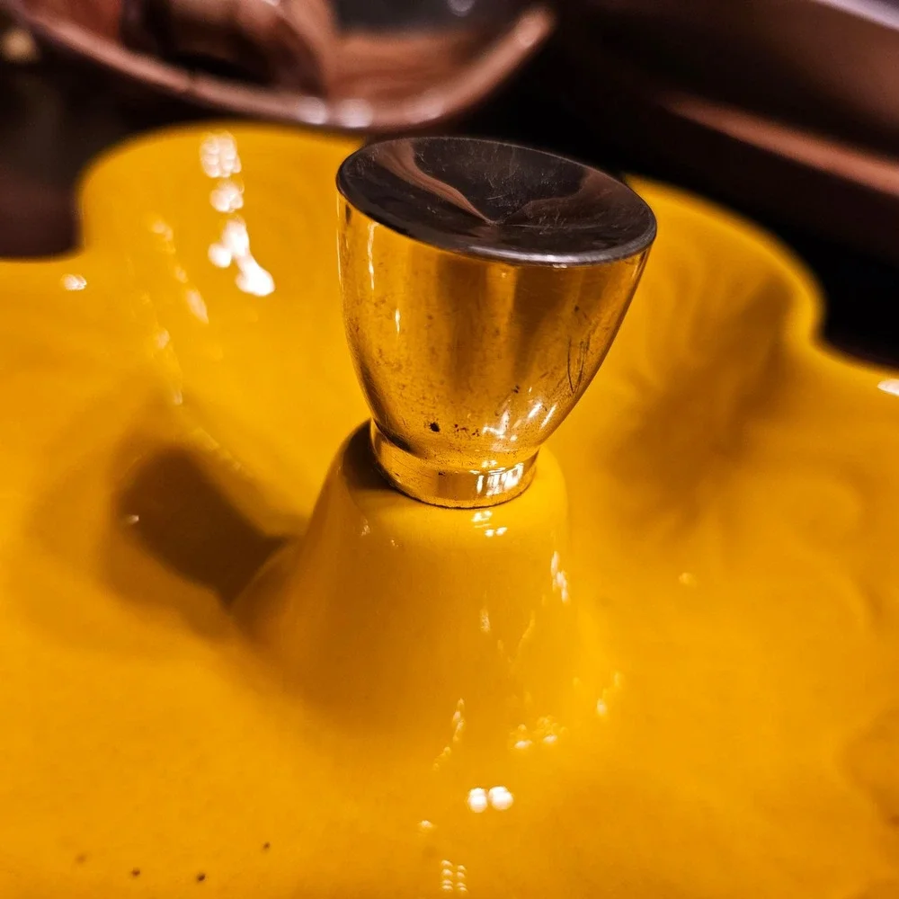 Vintage Yellow Ceramic 3 Section Candy Dish Gold Handle Mid Century Modern 7.5in